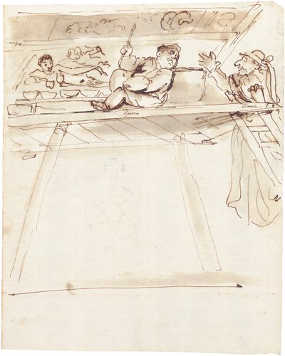 Pier Francesco Mola karikatúrája, amint Giovanni Battista Passeri megszakítja a fekvő Vénusz mennyezeti dekorációját alkotó: Pier Francesco Mola