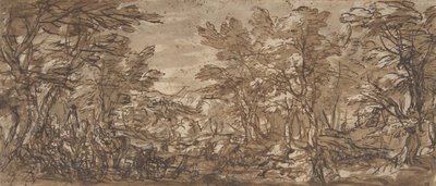 Erdei jelenet, megállás balra, vadászat középen, 1612-66. alkotó: Pier Francesco Mola