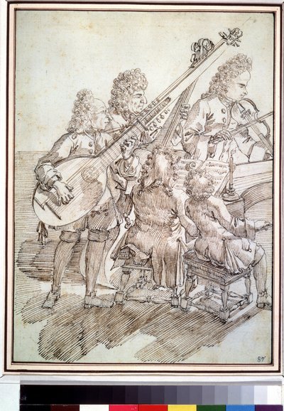 ""A koncert"" Karikatúra, amely öt zenész (kvintett) koncertjét ábrázolja lanton, hegedűn, zongorán és csellón. Pier Leone Ghezzi (1674-1755) toll- és tusrajza 18. századi Puskin Múzeum, Moszkva alkotó: Pier Leone Ghezzi