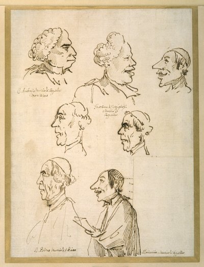 A pápai kápolnák négy énekesének hét karikatúrás profilja (toll és tinta papíron) alkotó: Pier Leone Ghezzi
