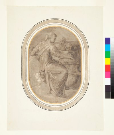Szibilla vázával és két puttival, 1540-es évek (Ecsetrajz barna mosással, némi fehérrel emelt tollmunkával, szürke talajon) alkotó: Piero (attr. to) Ligorio
