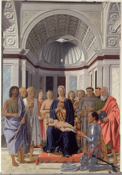 Madonna és gyermek és szentek, angyalok és Montefeltro Frigyes alkotó: Piero dellaFrancesca