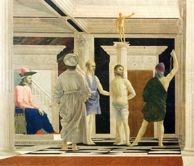 Piero della Francesca (1412-1492) Krisztus-ostorozása, Tempera panelen, 58x81,5 cm, részlet alkotó: Piero della Francesca