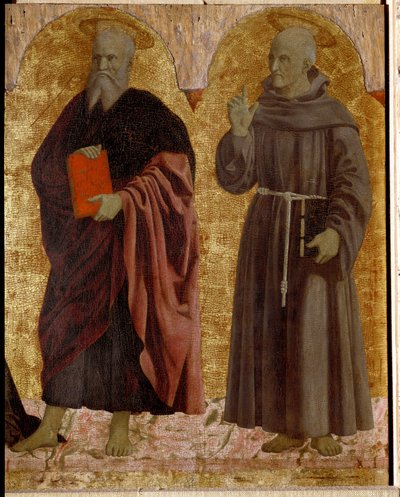 Misericorde-i Polyptyque: Misericorde-i Szűzanya, szentekkel körülvéve. Szent Andrást és Sienai Szent Bernátot (Bernardino da Siena vagy Bernardino degli Albizzeschi) ábrázoló részlet alkotó: Piero della Francesca