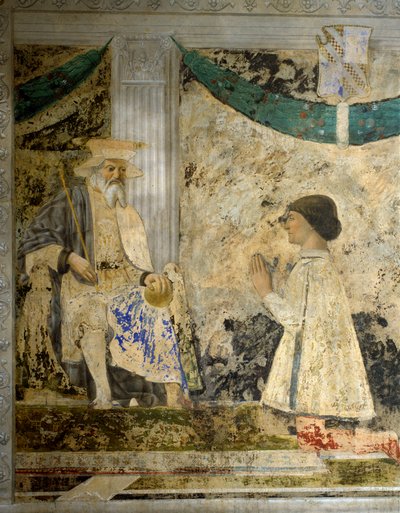 Sigismondo (Sigismond) Pandolfo Malatesta (1417-1468) portréja imában San Sigismondo (Sigismondo) előtt. Pietro di Benedetto dei Franceschi Piero della Francesca freskója (1422-1492) alkotó: Piero della Francesca