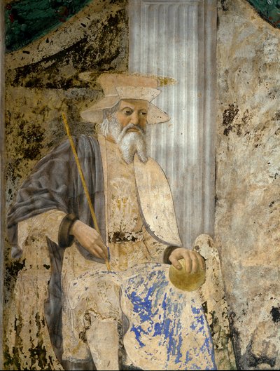 Sigismondo Pandolfo Malatesta (1417-1468) portréja imában San Sigismondo (Sigismondo) előtt. Részlet a szentről. Pietro di Benedetto dei Franceschi Piero della Francesca freskója (1422-1492) alkotó: Piero della Francesca