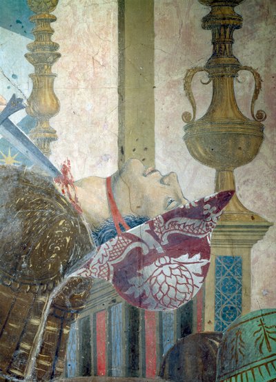 Az igaz kereszt legendája, a Hérakleiosz és Chosroes-csata, részlet egy férfiról, akinek elvágták a torkát, elkészült 1464-es freskó alkotó: Piero della Francesca