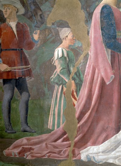 Az igaz kereszt legendája, Sába királynője, aki a keresztfát imádja, egy kísérő részlete, elkészült 1464-es freskó alkotó: Piero della Francesca