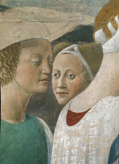 Az igaz kereszt legendája, Sába királynője, aki a keresztfát imádja, két kísérő részlete, elkészült 1464-es freskó alkotó: Piero della Francesca
