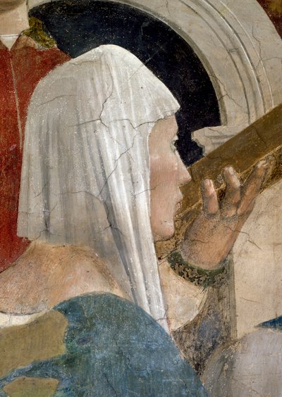 Az igaz kereszt legendája, a kereszt hitelesítése, Sába királynője keresztet csókoló részlete, elkészült 1464-es freskó alkotó: Piero della Francesca