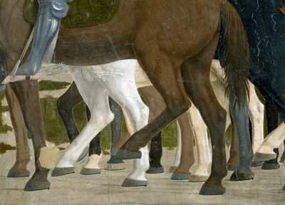 Az igaz kereszt legendája, Konstantin győzelme a Milvius-hídi csatában, részlet a lovak lábáról, elkészült 1464-es freskó alkotó: Piero della Francesca