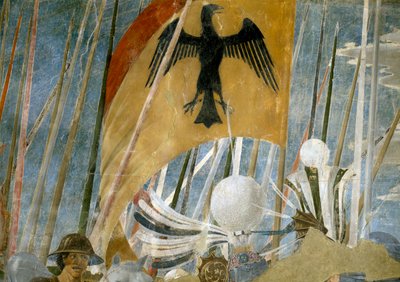 Az igaz kereszt legendája, Konstantin győzelme a Milvian-hídi csatában, zászlórészlet, elkészült 1464-es freskó alkotó: Piero della Francesca