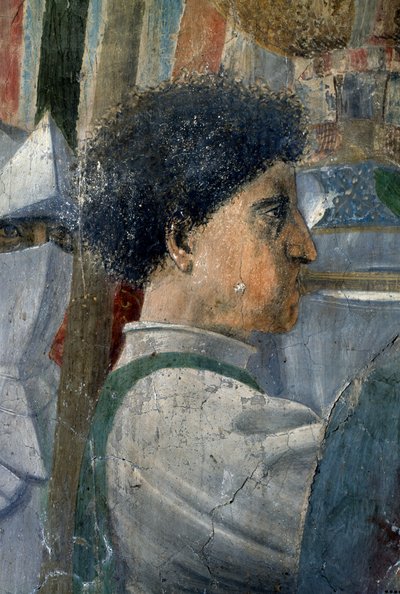 Az igaz kereszt legendája, Konstantin győzelme a Milvian-hídi csatában, egy trombitát fújó katona részlete, elkészült 1464-es freskó alkotó: Piero della Francesca