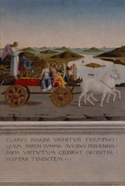 Federigo da Montefeltro, Urbino hercegének diadala; Federigo és a négy bíborosi erény egy diadalmas autóban, amelyet fehér egyszarvúak rajzoltak, a szárnyas Victory a hercegi koronét tartja, 1474 után festve (serpenyő alkotó: Piero della Francesca
