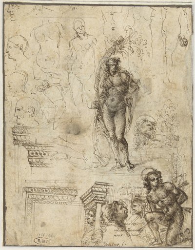 Tanulmánylap fejekkel, ábrákkal és építészeti töredékekkel Tanulmánylap fejekkel, figurákkal és építészeti töredékekkel alkotó: Piero di Cosimo (attributed to)