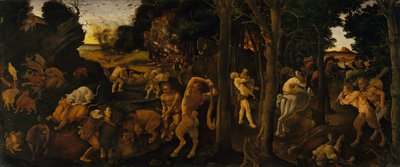 Egy vadászjelenet, 1494-1500 körül (tempera és olaj átkerült a Masonite-ba) alkotó: Piero di Cosimo