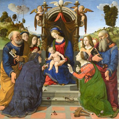 Madonna a gyermekével, Szent Péterrel, János evangélistával, Magyar Erzsébettel (), Alexandriai Katalinnal és angyalokkal. alkotó: Piero di Cosimo