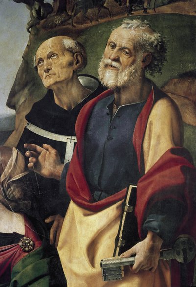 Szent Péter és Szent Fülöp Benizi, Szűz és Gyermek részlete a trónon, szentekkel körülvéve (olaj és tempera a táblán, 1493 körül) alkotó: Piero di Cosimo