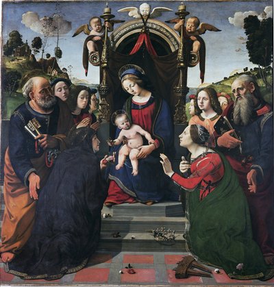 Szűz és gyermek a trónon szentekkel körülvéve (olaj és tempera a táblán, 1493 körül) alkotó: Piero di Cosimo