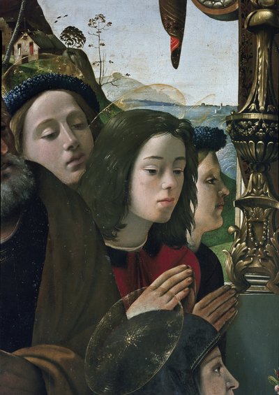 Szűz és gyermek a trónon szentekkel körülvéve, részlet (olaj és tempera a táblán, 1493 körül) alkotó: Piero di Cosimo