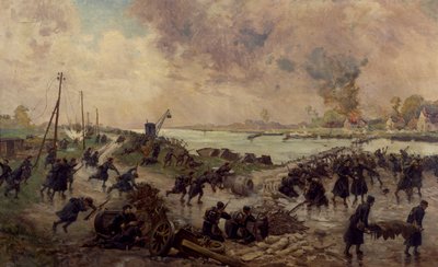 Belga csapatok harcban Ysernél, 1914. október, I. világháború, Belgium, XX. század alkotó: Pierre-Ernest and Neymark Gustave Ballue