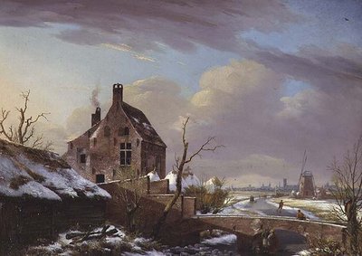 Téli táj alakokkal a híd mellett alkotó: Pierre François De Noter