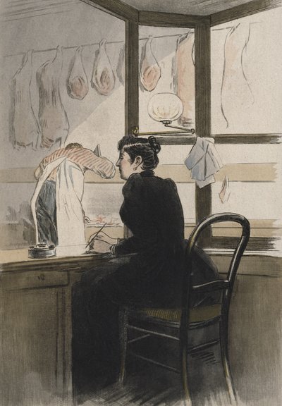 A pénztáros a hentesnél, illusztráció Octave Uzanne (1851-1931) „La Femme a Paris” című művéből, 1894 (színes metszet) alkotó: Pierre (after) Vidal