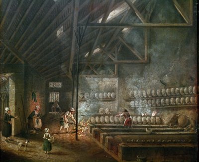 Fazekas műhely (vagy üvegfúvó) belseje - Pierre Antoine Demachy (1723-1807) festménye, részlet - 19. század - Olaj, fa - Mérete: 39 x 31 cm - Párizs, Musee Carnavalet alkotó: Pierre Antoine Demachy