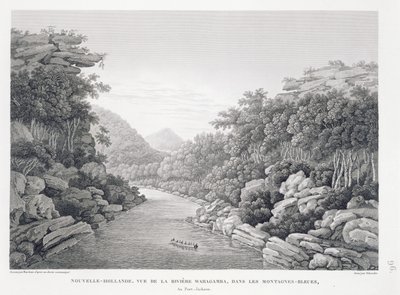 New Holland: Kilátás a Warragamba folyóra a Kék-hegységben, a „Voyage Autour du Monde (1817-20)”-ból, Louis Claude De Saulces de Freycinet (1779-1842) vésette Schroeder, megjelent 1822-24 (li) alkotó: Pierre Antoine Marchais