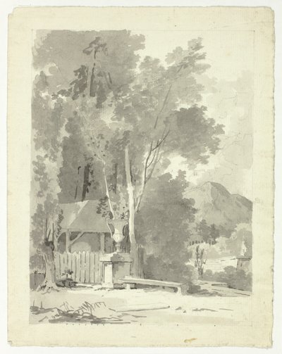 Klasszikus urna egy fészer előtt, háttérben templommal és hegyekkel alkotó: Pierre Antoine Mongin