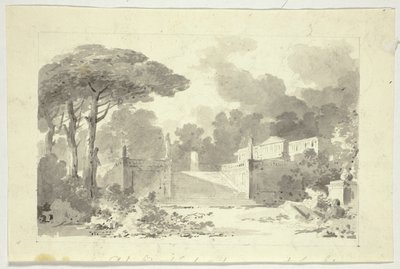 A versailles-i park látványa: Monumentális lépcső, talapzat és templom alkotó: Pierre Antoine Mongin