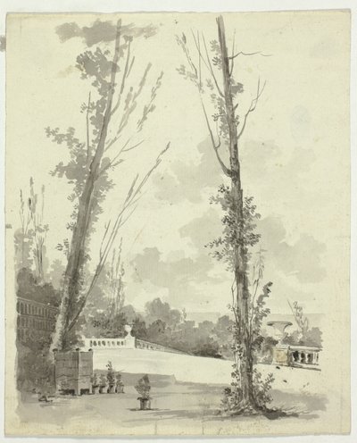 A versailles-i park látványa: Két nyárfa, a háttérben balusztrádos sétány. alkotó: Pierre Antoine Mongin