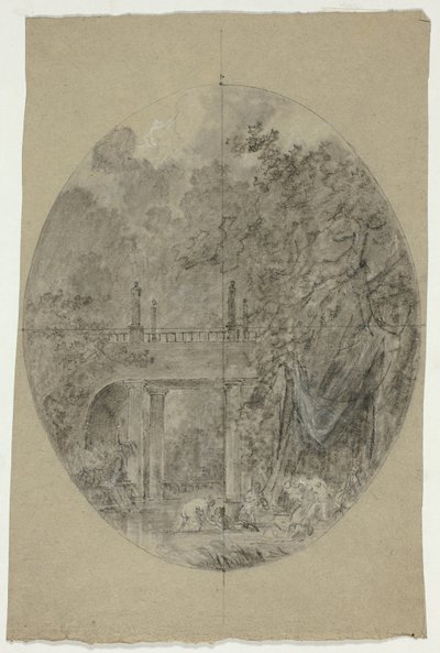 A versailles-i park látványa: Híd alatt fürdőző nők alkotó: Pierre Antoine Mongin