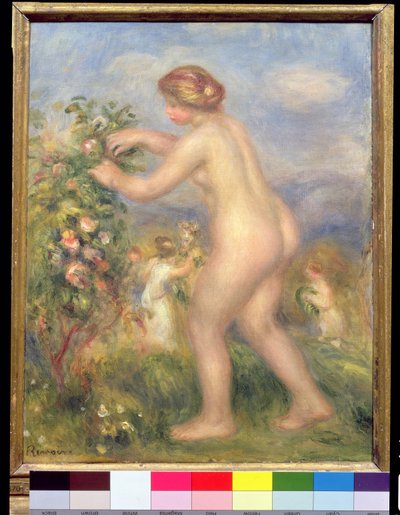 Női meztelen virágot szed alkotó: Pierre Auguste Renoir