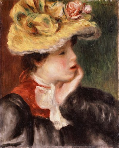 Egy sárga kalapos lány feje alkotó: Pierre Auguste Renoir