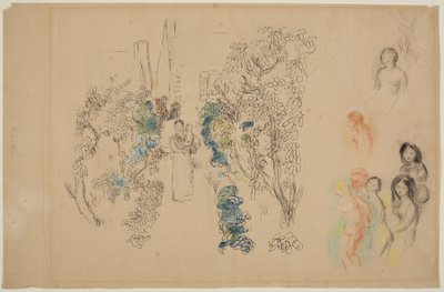 Táj és figurák (ceruza, tinta, wc és zsírkréta papíron) alkotó: Pierre Auguste Renoir