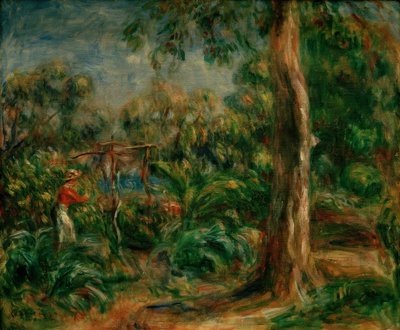 A nagy fa. Nő piros míderrel a ca kertben alkotó: Pierre Auguste Renoir