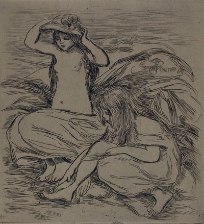 Két fürdőző nő, 1895 körül (metszet barnás vattára) alkotó: Pierre Auguste Renoir