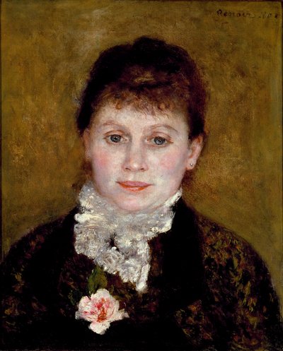 A nőnek fehér gallérja van. Egy rózsával nő portréja alkotó: Pierre Auguste Renoir