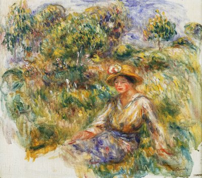 nő egy kék kalapban ül a fűben; Kék ruhás, kalapos nő a fűben ülve, 1916 körül alkotó: Pierre Auguste Renoir