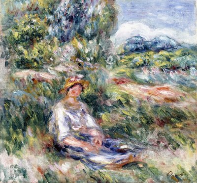 Fiatal nő ül a réten, alkotó: Pierre Auguste Renoir