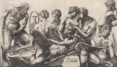 Nyolc szatír és szatírnő befejezi az étkezést, 1607-61. alkotó: Pierre Biard