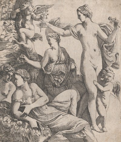 A három gráciával álló Vénusznak felajánlanak egy puttó virágot, 1607-61. alkotó: Pierre Biard