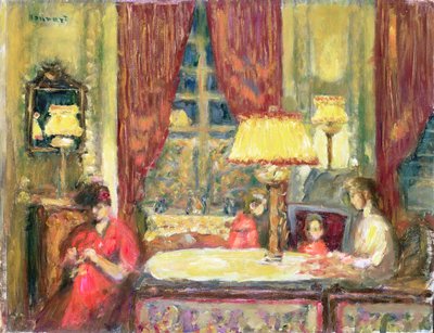 Lámpával megvilágított belső figurákkal (olaj, vászon) alkotó: Pierre Bonnard