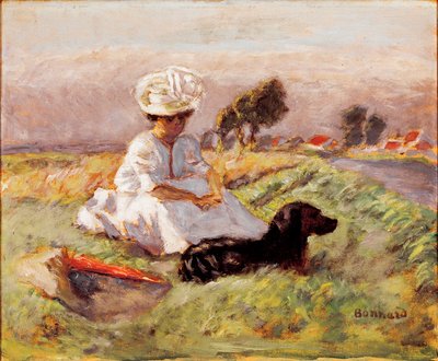 Madame Bonnard A festő felesége az összecsapásban ül a kutyájával. Pierre Bonnard festménye alkotó: Pierre Bonnard