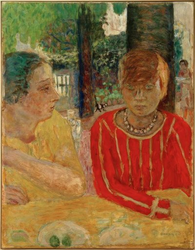 Reine Natanson és Marthe Bonnard vörös fűzővel alkotó: Pierre Bonnard