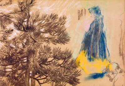 Tanulmánylap: tűlevelű, csuklyás köpenyes lány, férfi portré alkotó: Pierre Bonnard