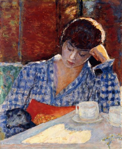Könyökére támaszkodó nő egy kutyával és egy csendélettel alkotó: Pierre Bonnard