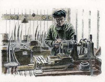 Egy elefánt agyarakat faragó elefántcsont-munkás a műhelyében, aki elefánt-agyarat farag (Elefántcsont-agyarat farag) Gravírozás a „” Excursion a travers les metiers” című könyvéből, Pierre Calmette Collection privee alkotó: Pierre Calmettes
