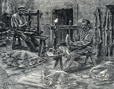 Kézművesek a báránybőrt meghúsítva. Metszet a Pierre Calmette magángyűjtemény „Excursion a travers les metiers” című könyvéből alkotó: Pierre Calmettes